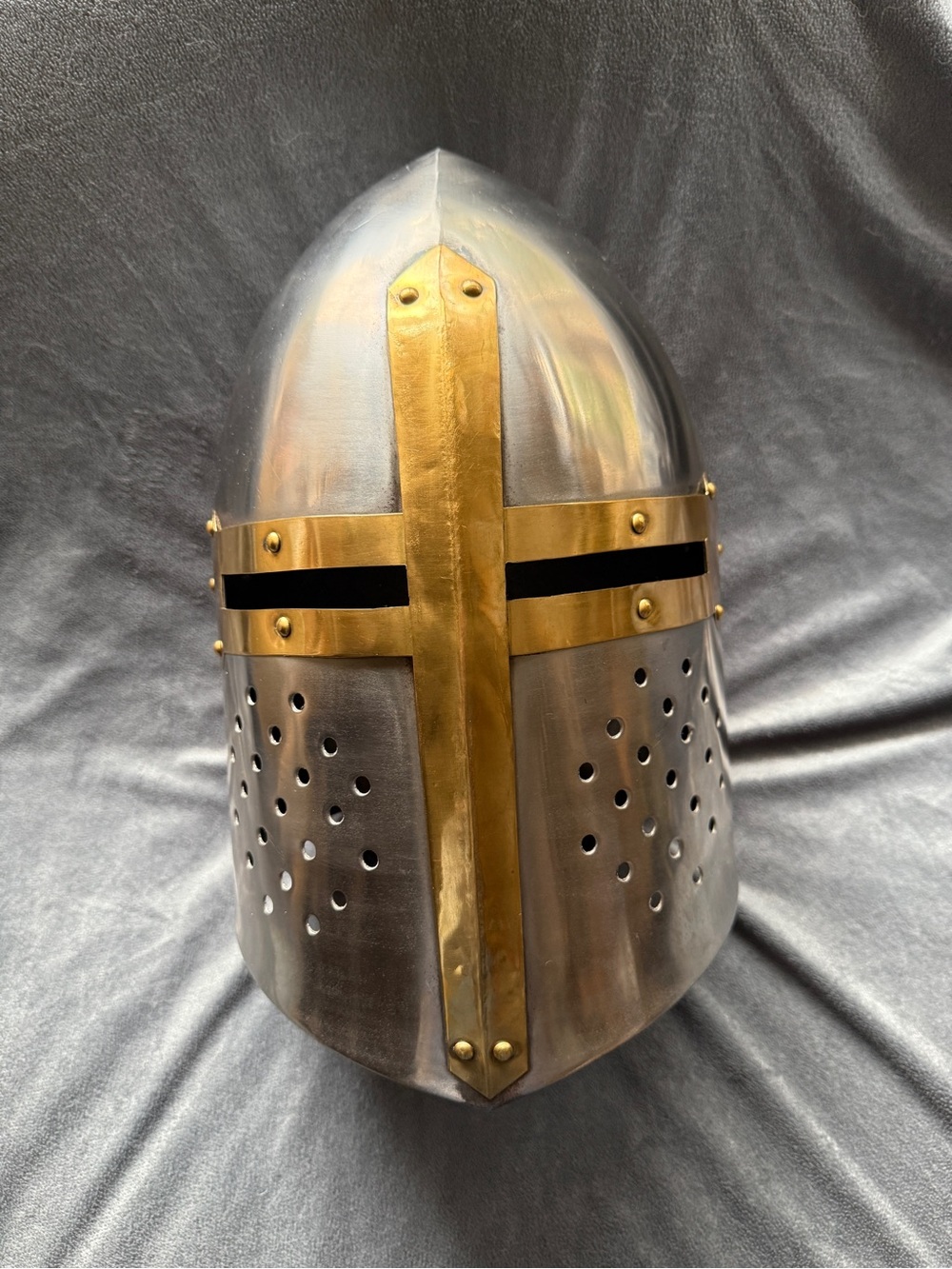 Medieval Crusader armor helmet with Brass Cross Size: Adult standard fit